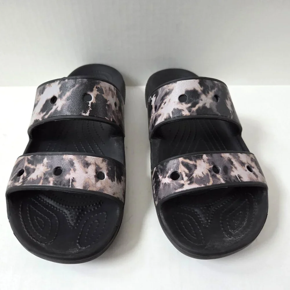 Crocs Shoes Mens 10 Black Tie Dye Double Strap Slides Comfort Beach